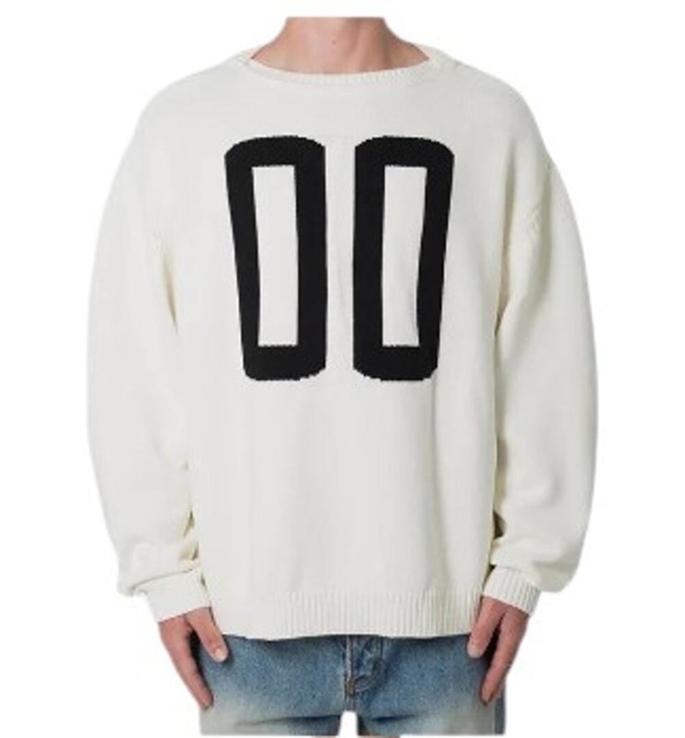 MNML Men's Large Varsity Knit Sweater Off-White w/ Bold Black "00" Graphic